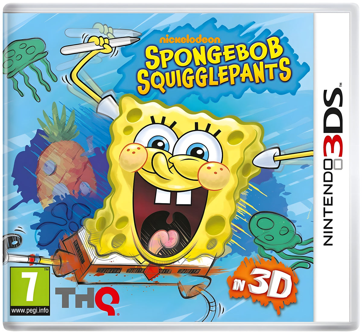 Das Cover von Spongebob Squigglepants 3D zeigt Spongebob mit Stiften und dem PEGI-Siegel ab 7.
