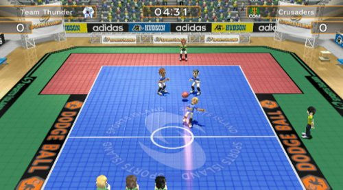 Ein Dodgeball-Spiel auf einem farbigen Feld, bei dem zwei Teams von Comic-Charakteren gegeneinander antreten.