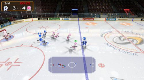 Ein Eishockey-Spiel auf einer weißen Eisfläche, bei dem Comic-Charaktere in blauen und pinken Trikots um den Puck kämpfen.