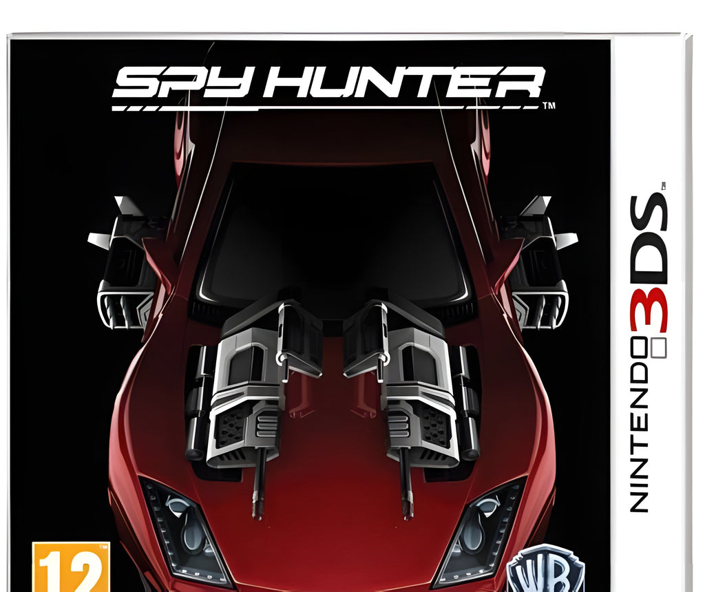 Das Cover von Spy Hunter zeigt ein rotes Auto mit Waffen, das PEGI 12 Siegel ist gut sichtbar.