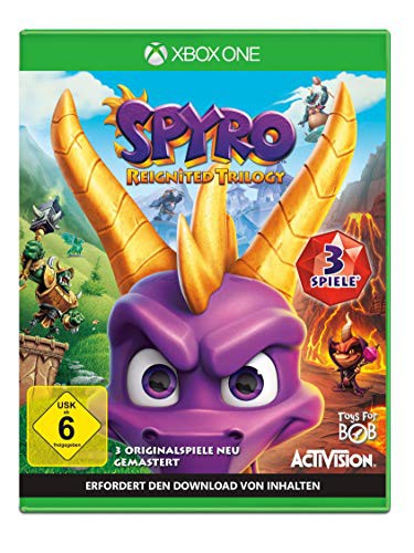Spyro: Reignited Trilogy für Xbox One zeigt den lila Drachen Spyro, das USK ab 6 Siegel und den Hinweis auf 3 Spiele.