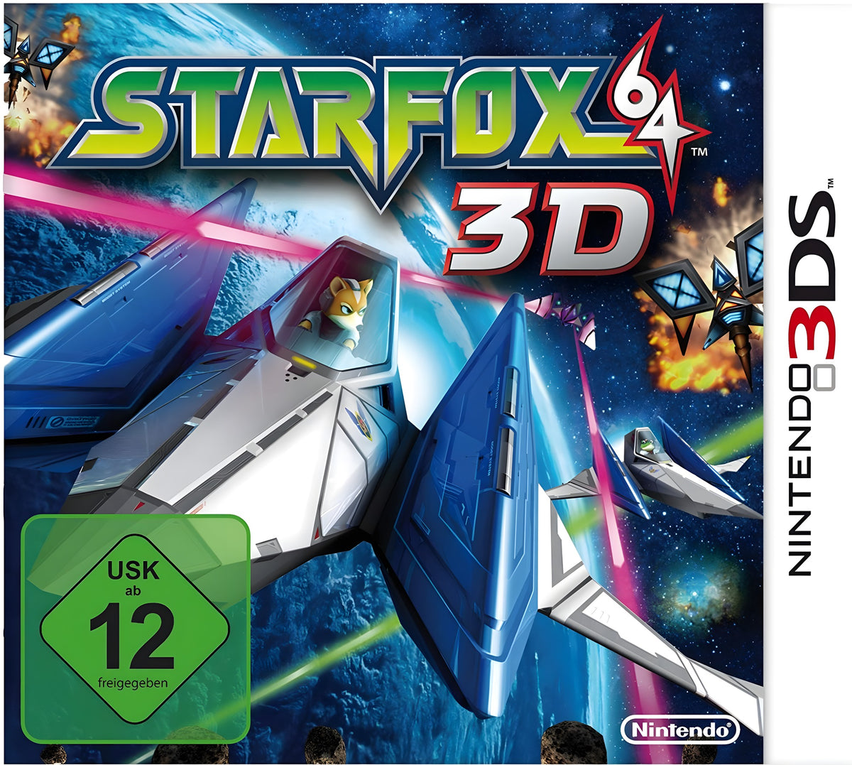 Das Cover von Star Fox 64 3D zeigt Fox McCloud in seinem Arwing-Raumschiff, umgeben von weiteren Schiffen und dem USK-Siegel.