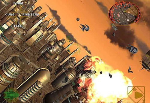 Eine riesige Explosion ereignet sich in einer Raumschlacht über einer futuristischen Stadt mit orangefarbenem Himmel.