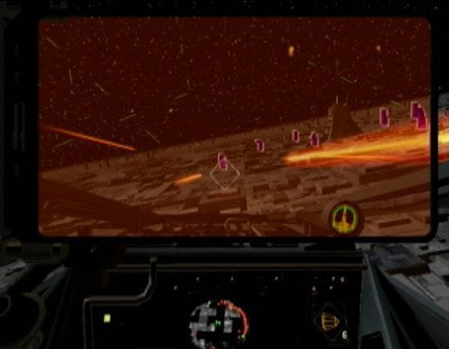 Die Cockpit-Ansicht zeigt einen Sternenzerstörer unter Beschuss vor einem rötlichen Hintergrund im Weltraum.