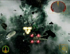 Ein X-Wing-Jäger fliegt durch ein Asteroidenfeld in einer grünen Nebelwolke und feuert auf Gegner.