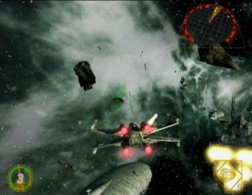 Ein X-Wing-Jäger fliegt von hinten gesehen durch ein Asteroidenfeld und feuert grüne Laser.