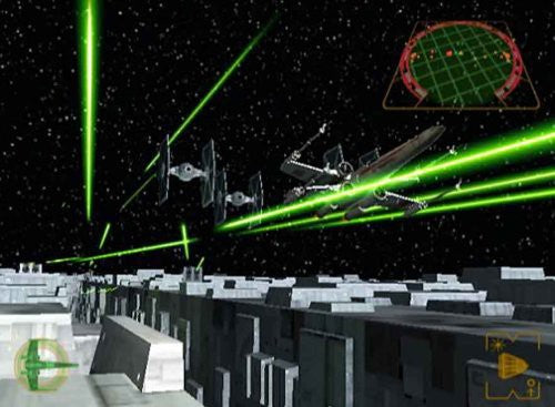 Ein X-Wing fliegt tief über eine graue Oberfläche, verfolgt von TIE-Fightern, während grüne Laserstrahlen fliegen.