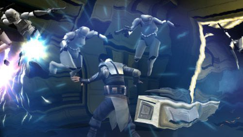 Eine Spielfigur kämpft gegen mehrere schwebende Sturmtruppler in einem blauen Energiefeld.