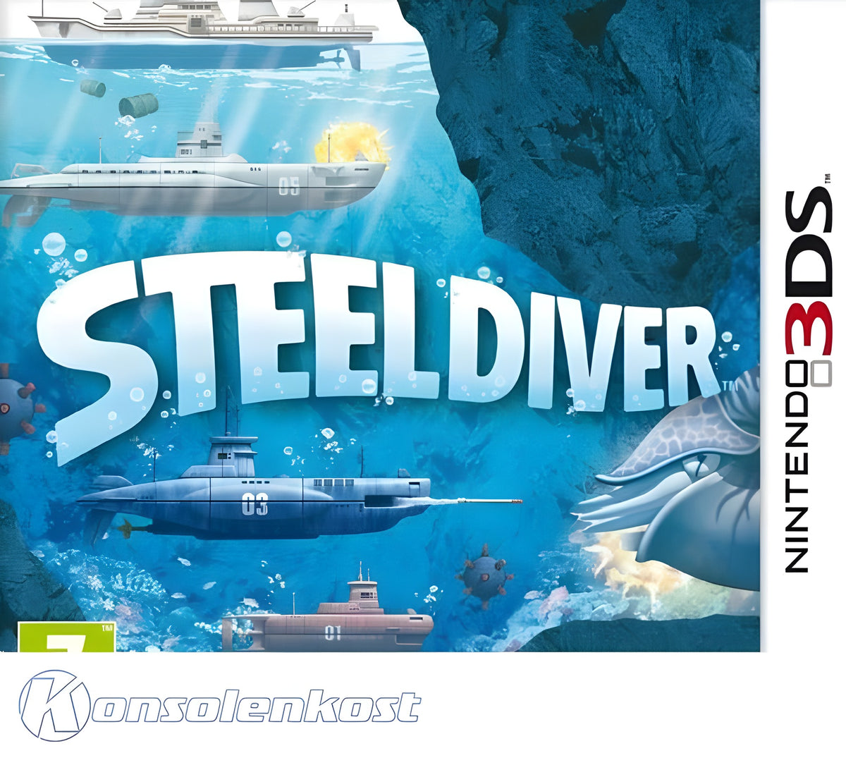 Das Cover von Steel Diver für Nintendo 3DS zeigt U-Boote und einen Tintenfisch unter Wasser, mit PEGI 7 Siegel.