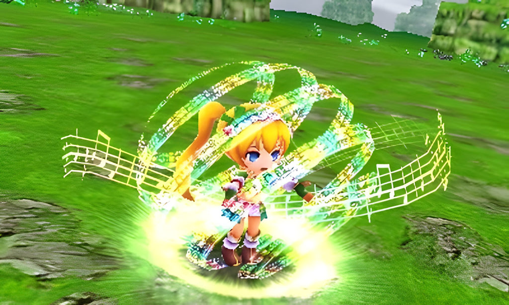 In Stella Glow schwebt ein blondes Mädchen, umgeben von leuchtenden Noten, über einer grünen Wiese.