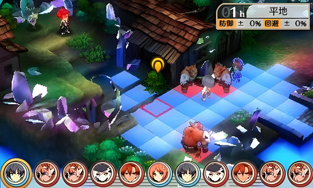 Eine taktische Kampfszene aus Stella Glow zeigt mehrere Figuren in einem Dorf.