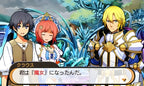 Drei Charaktere stehen in einem Dialog in Stella Glow, mit japanischem Textfeld am unteren Bildrand.