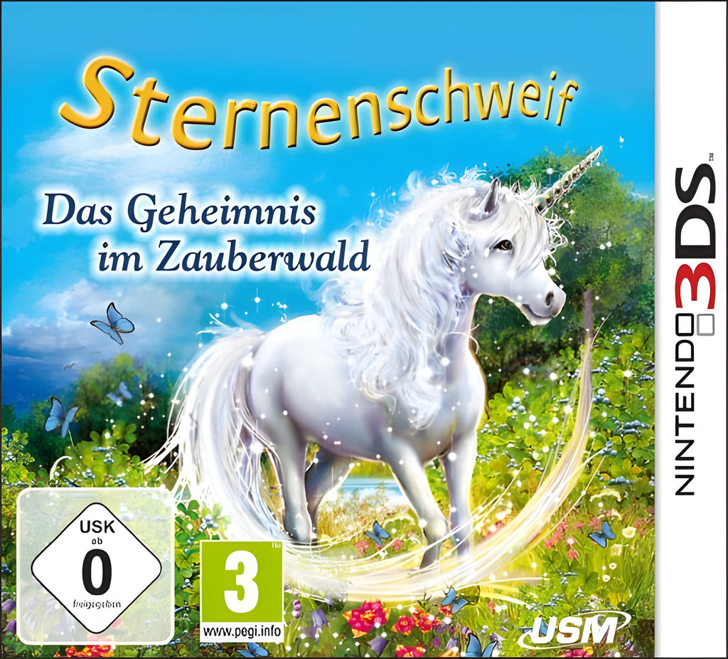Das Cover von Sternenschweif: Das Geheimnis im Zauberwald zeigt ein weisses Einhorn im Zauberwald, USK ab 0.