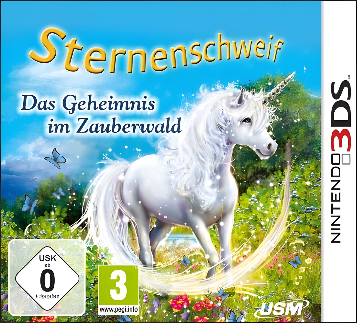Das Cover von Sternenschweif: Das Geheimnis im Zauberwald zeigt ein weisses Einhorn im Zauberwald, USK ab 0.
