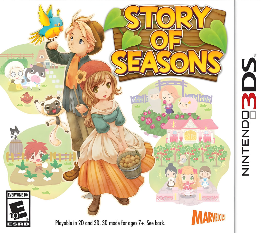 Das Cover von Story of Seasons zeigt einen Bauern und eine Bäuerin mit Tieren und Pflanzen auf einem Bauernhof, ESRB E10+.
