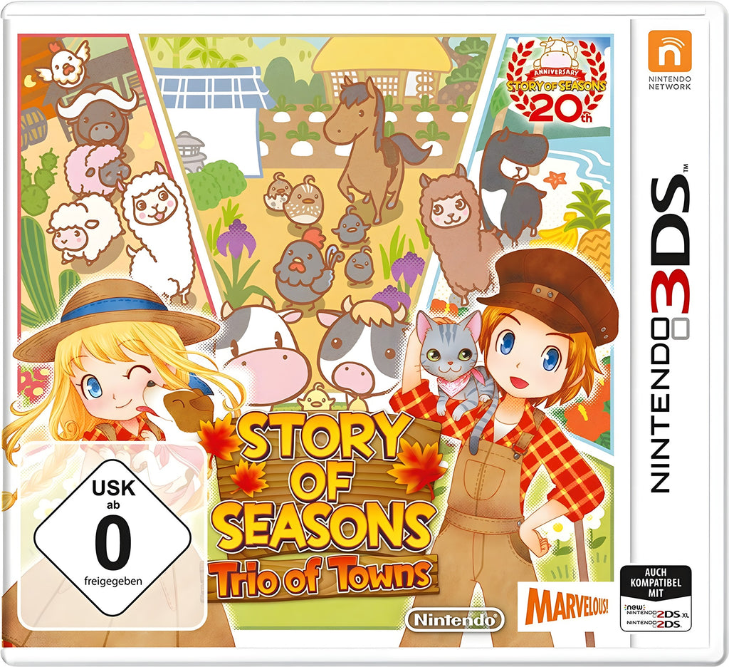 Das Cover von Story of Seasons: Trio of Towns zeigt Bauern, Tiere und das USK-Siegel ab 0.