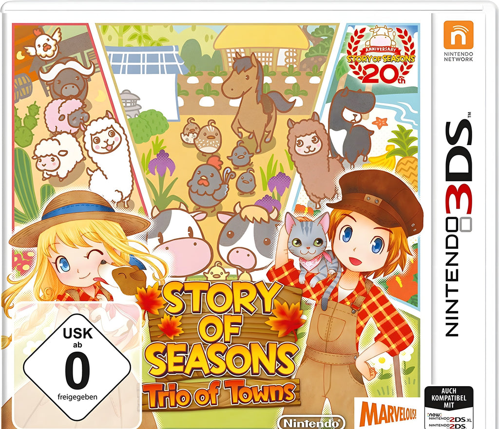 Das Cover von Story of Seasons: Trio of Towns zeigt Bauern und Tiere vor einer ländlichen Kulisse, USK ab 0.