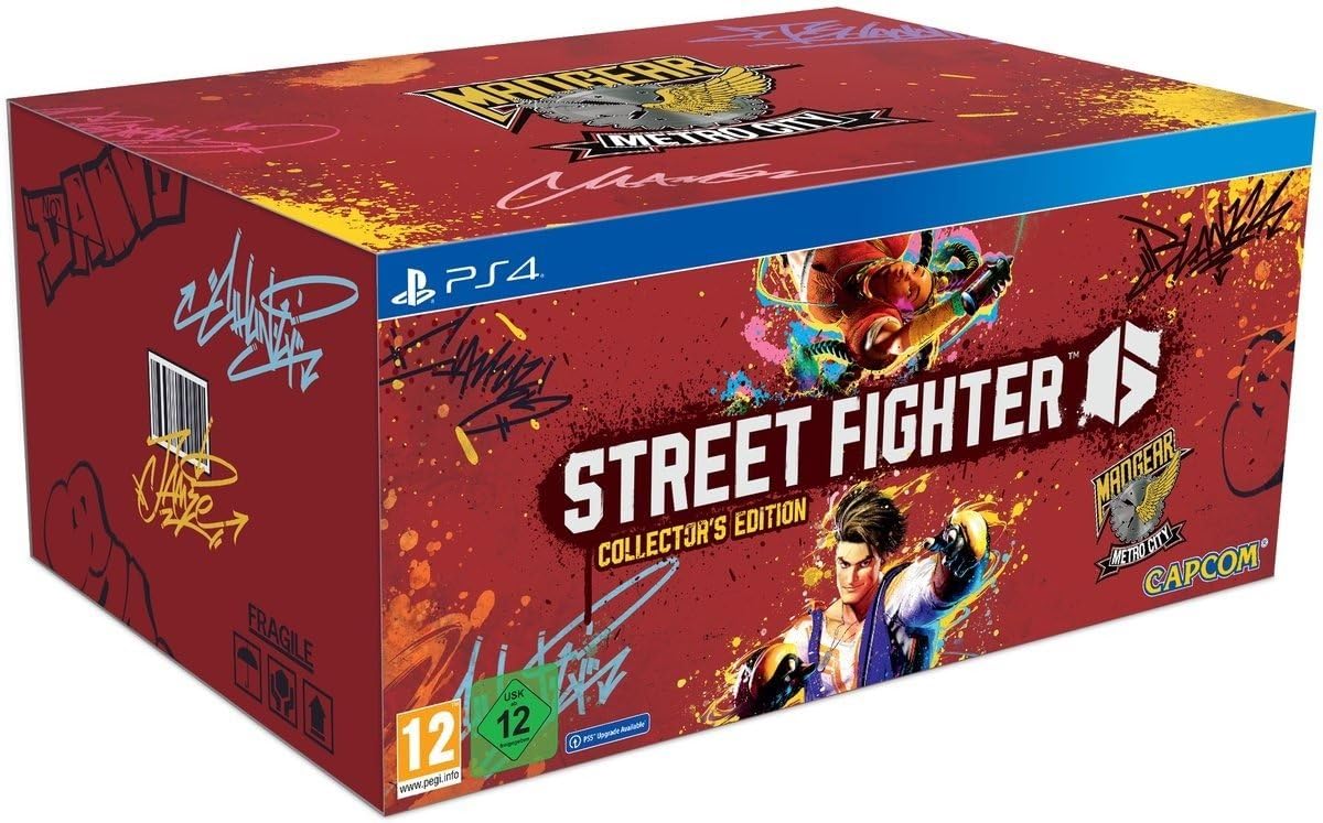 Die Street Fighter 6 Collectors Edition für PS4 zeigt das Spiel-Logo und zwei Kämpfer auf rotem Grund, USK ab 12.