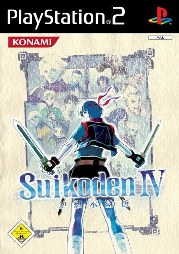 Das Cover von Suikoden IV für PlayStation 2 zeigt einen Krieger mit zwei Schwertern und viele Gesichter im Hintergrund.