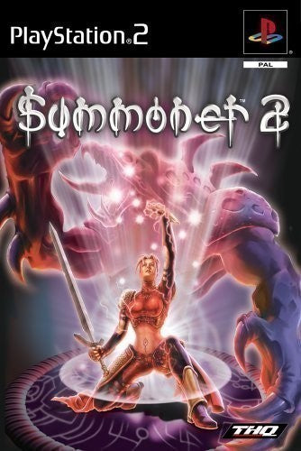 Das Cover von Summoner 2 für PlayStation 2 zeigt eine Kriegerin mit Schwert vor einem leuchtenden Monster.