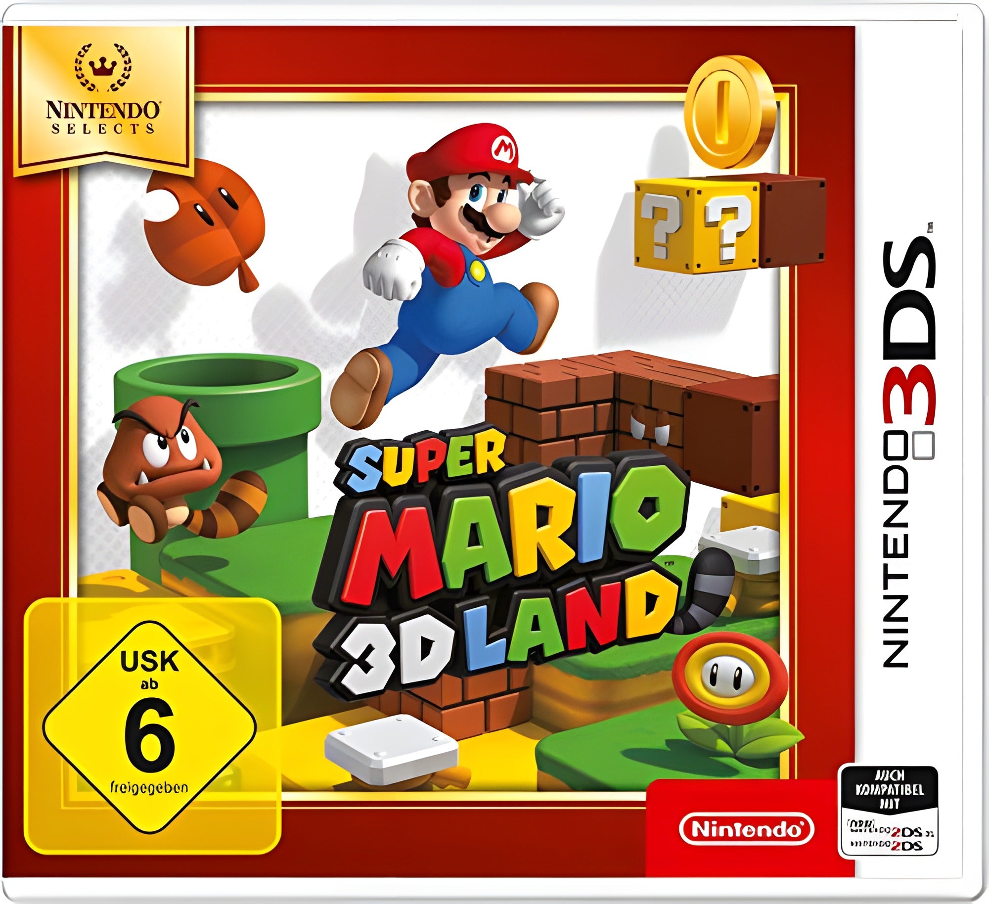 Das Cover von Super Mario 3D Land für Nintendo 3DS zeigt Mario, einen Goomba und das USK-Siegel ab 6.