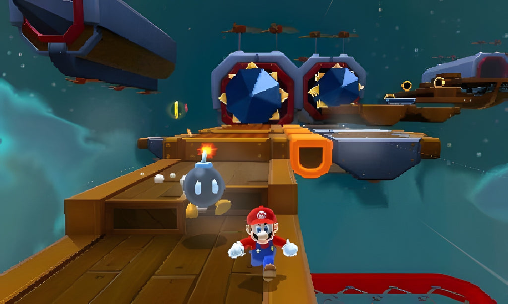 In Super Mario 3D Land rennt Mario auf einem Luftschiff, verfolgt von einer Bombe.