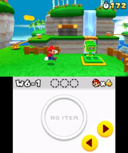 In Super Mario 3D Land springt Mario über eine grüne Wiese mit Wasserfall und sammelt Münzen.