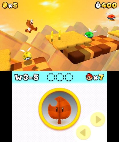 Super Mario 3D Land zeigt Mario im Tanuki-Anzug bei Sonnenuntergang auf schwebenden Plattformen.