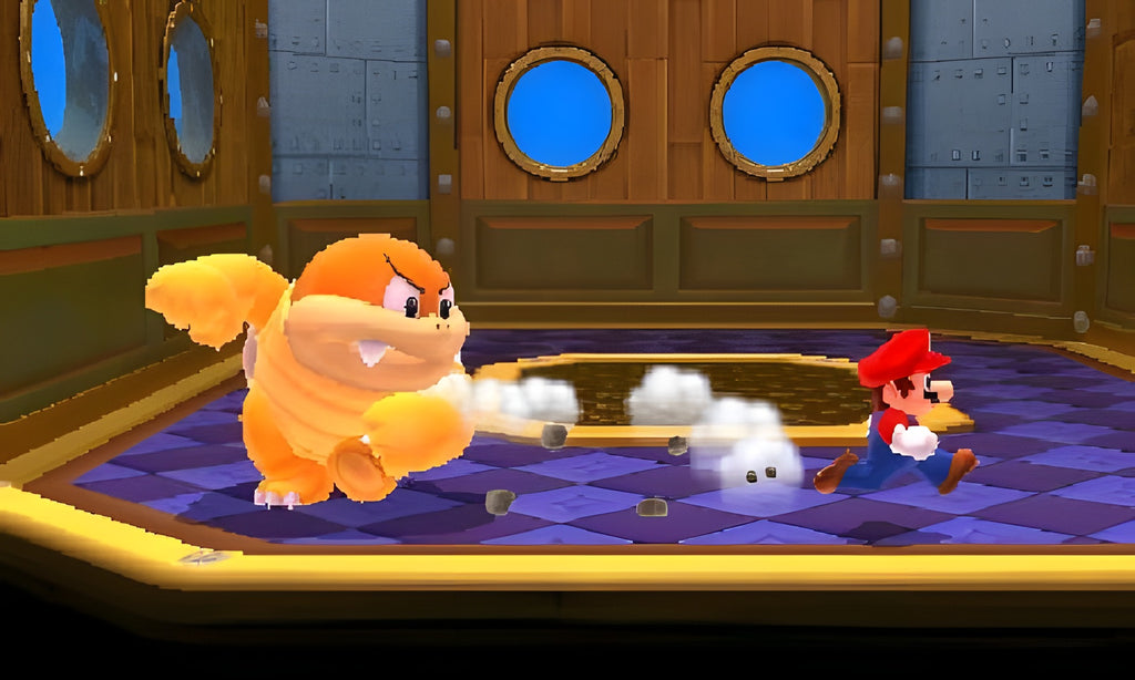 Ein Bosskampf in Super Mario 3D Land: Mario flieht vor einem großen, orangen Gegner in einem Raum.