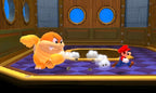 Ein Bosskampf in Super Mario 3D Land: Mario flieht vor einem großen, orangen Gegner in einem Raum.