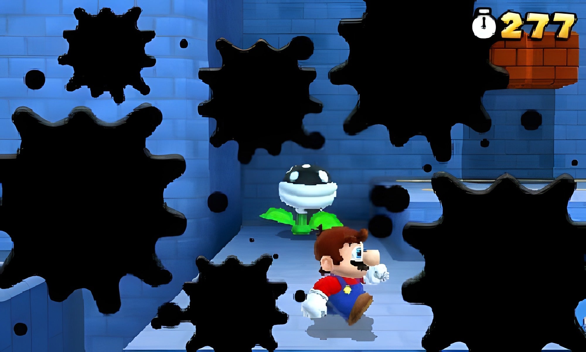 In Super Mario 3D Land weicht Mario einer Piranha-Pflanze und schwarzen Tintenflecken aus.