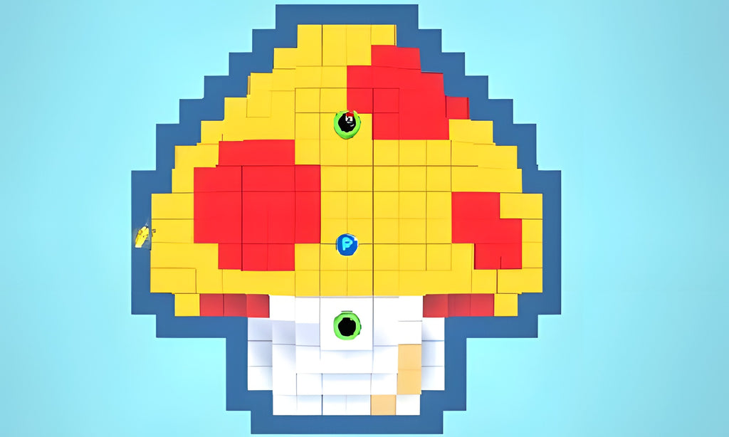 Eine Levelauswahl in Super Mario 3D Land zeigt eine Pilz-förmige Karte mit Spielfiguren.