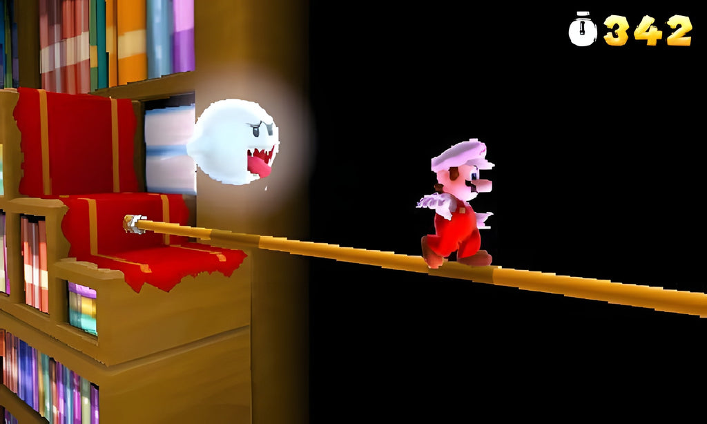 Super Mario 3D Land zeigt Mario auf einem schmalen Balken in einer Bibliothek, verfolgt von einem Geist.