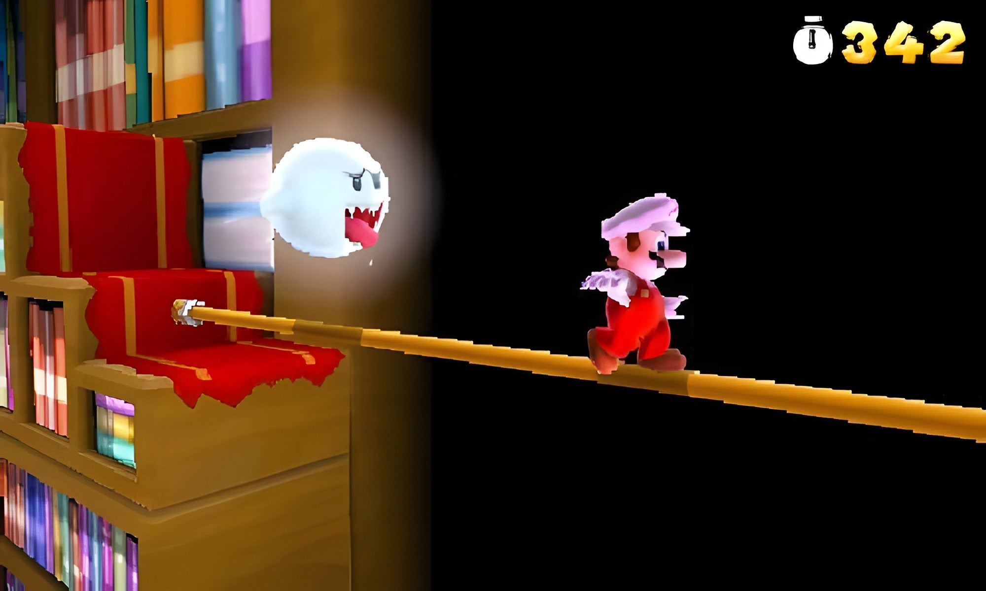 Super Mario 3D Land zeigt Mario auf einem schmalen Balken in einer Bibliothek, verfolgt von einem Geist.