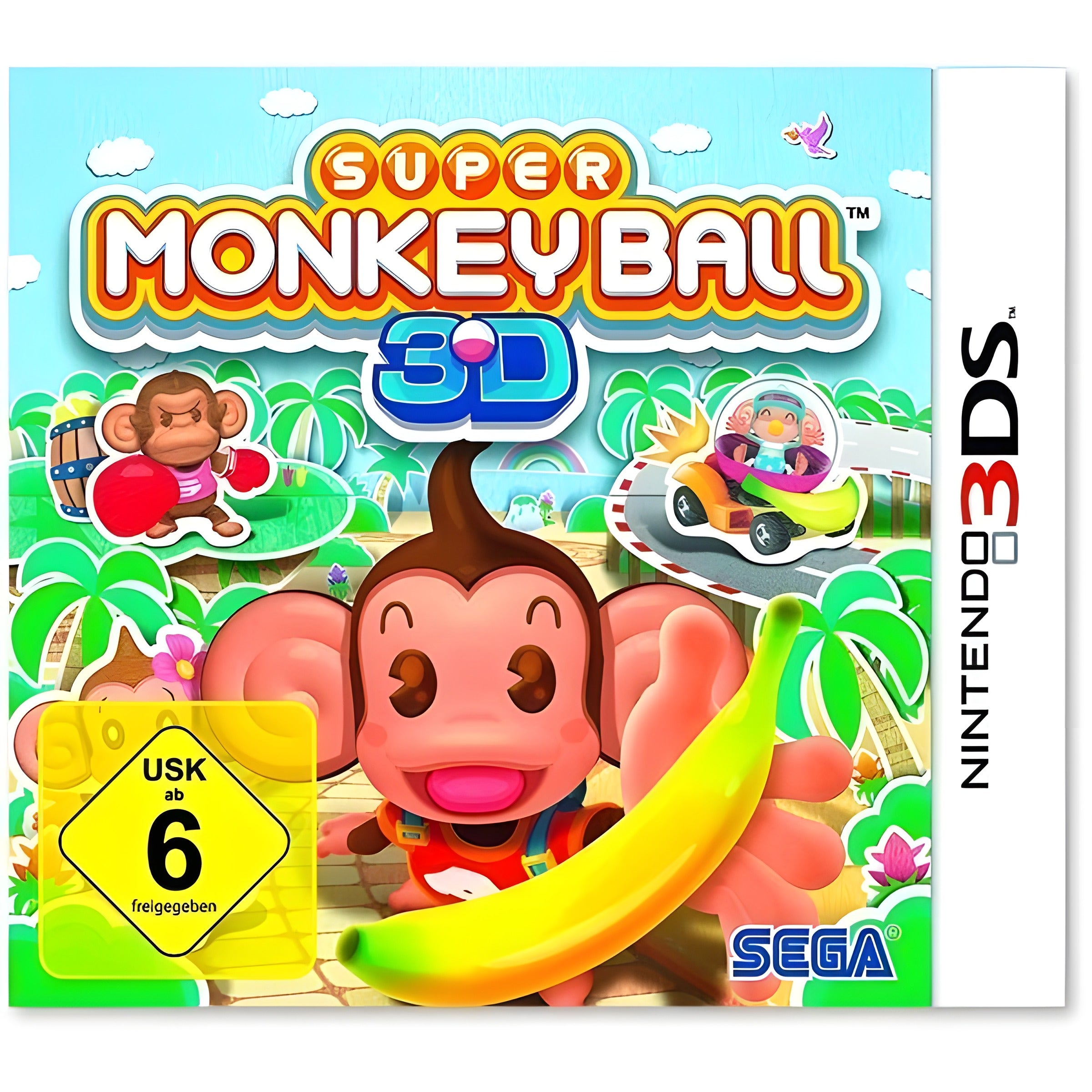 Das Cover von Super Monkey Ball 3D für Nintendo 3DS zeigt einen Affen mit Banane und USK ab 6.