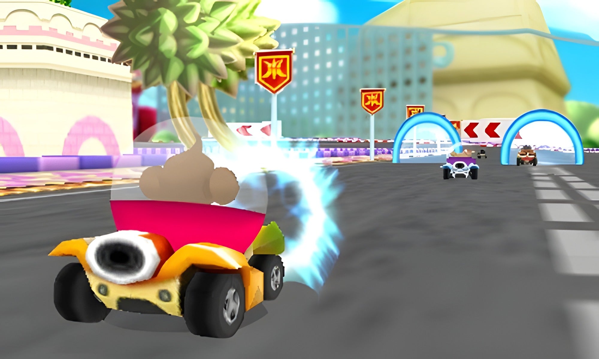 In Super Monkey Ball 3D für Nintendo 3DS fährt ein Affe in einem gelben Auto mit blauem Leuchten auf einer Rennstrecke.