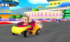 Eine Rennszene aus Super Monkey Ball 3D für Nintendo 3DS zeigt einen Affen in einem Bananenauto auf der Strecke.