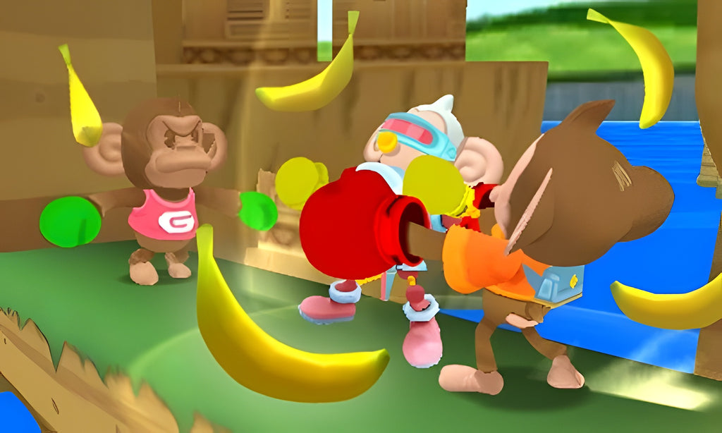 Im Spiel Super Monkey Ball 3D für Nintendo 3DS kämpfen drei Affen in einem Boxkampf, umgeben von Bananen.