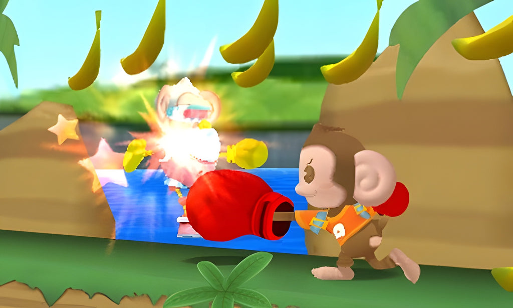 Ein Affe schlägt in Super Monkey Ball 3D für Nintendo 3DS mit einem Boxhandschuh einen Gegner, umgeben von Bananen.