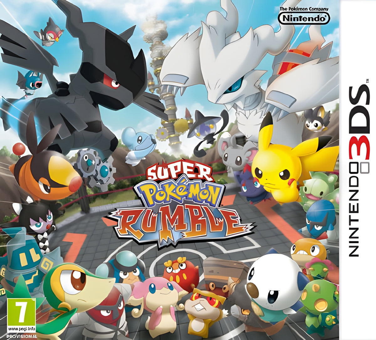 Das Cover von Super Pokemon Rumble zeigt viele verschiedene Pokemon, die sich in einem Kampfring versammeln.