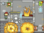 Eine Spielszene zeigt den Helden Maxwell in einer Umgebung mit zwei großen Explosionen und einem Feuer.