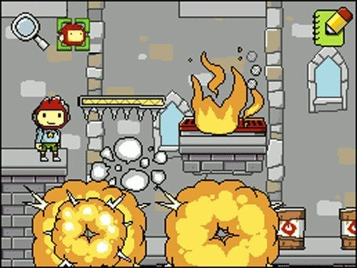 Eine Spielszene zeigt den Helden Maxwell in einer Umgebung mit zwei großen Explosionen und einem Feuer.