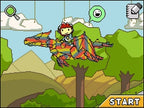 Eine Spielszene zeigt den Helden Maxwell auf einem bunten, fliegenden Drachen über einer grünen Landschaft.