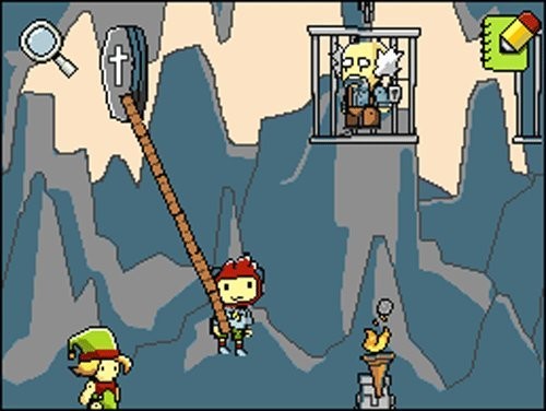 In einer Spielszene hält Maxwell einen Sarg, während ein Elf und ein Gefangener in einem Käfig zu sehen sind.