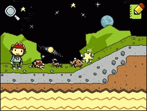 Maxwell steht in einer Nachtszene mit Sternen, Mond und kleinen Explosionen auf einem Hügel.