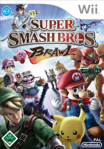 Das Cover von Super Smash Bros. Brawl für Wii zeigt zahlreiche Nintendo-Charaktere und das USK-Siegel ab 12.
