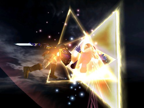 Link greift Wario mit seinem Schwert an, während Wario von einem gelben Dreieck umgeben ist.