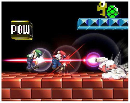Mario und Luigi kämpfen auf einer Ziegelplattform, während ein Laserstrahl auf sie feuert.