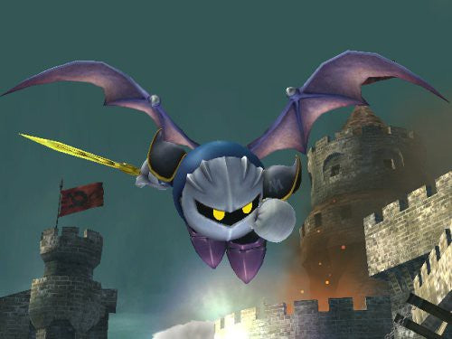 Meta-Knight mit Schwert und Flügeln fliegt über eine Burgruine mit einem roten Banner.