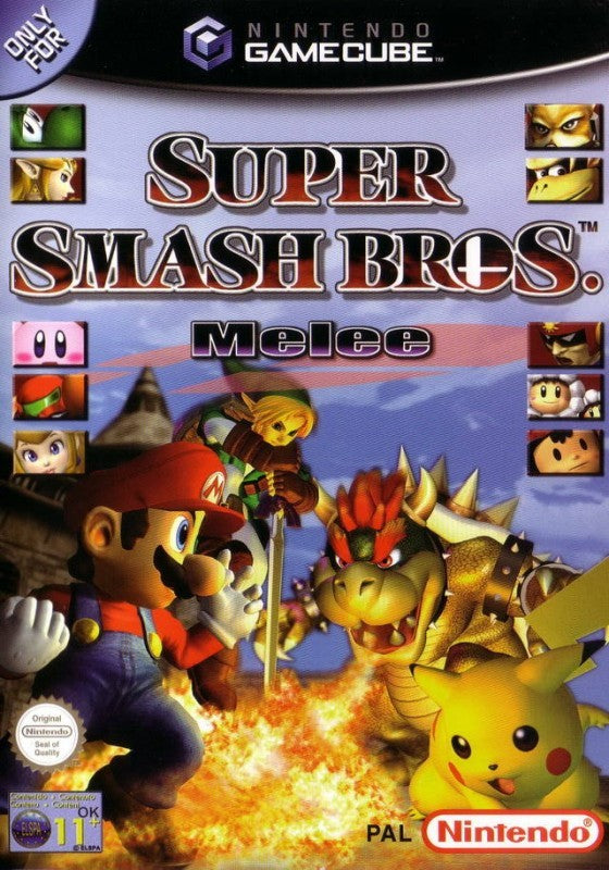 Das Cover von Super Smash Bros. Melee für GameCube zeigt Mario, Link, Bowser und Pikachu im Kampf.